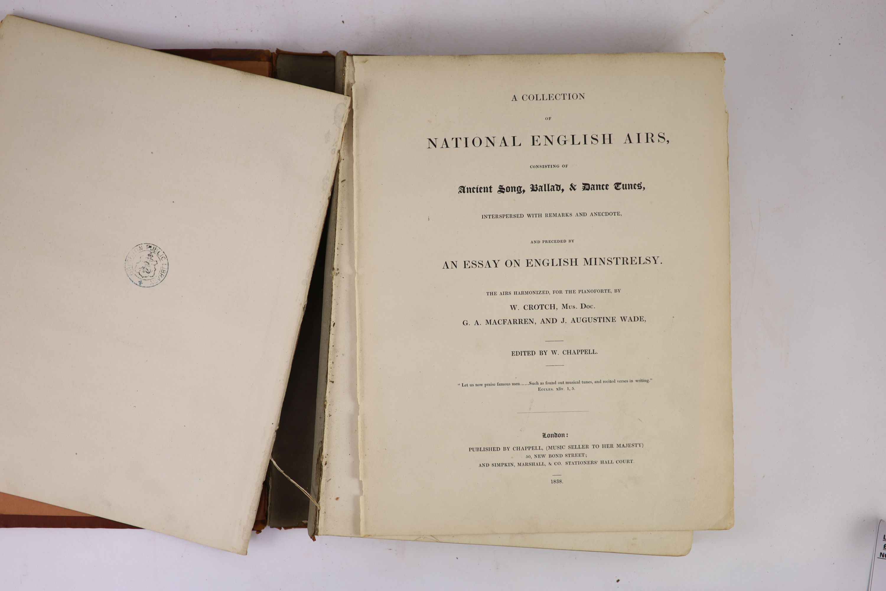 Chappell, W. (editor) - A Collection of National English Airs, consisting of Ancient song, Ballard, & Dance tunes…Complete with illustrated and printed title pages and numerous musical illustrations within the text. Half